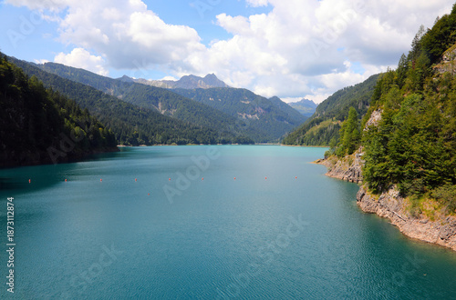 Canvas Print panoramic view of lake sauris in the carnia region of northeast italy and the su