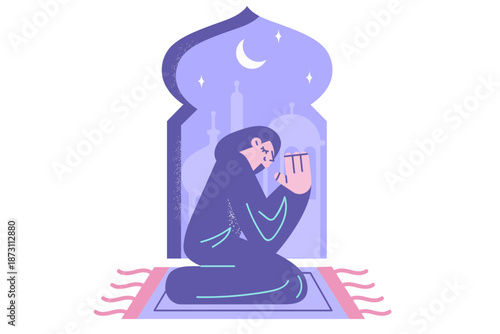 Religious muslim woman pray near mosque