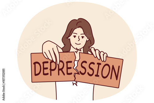 Woman breaks depression sign after overcoming psychological problems and mental disorder caused by stress. Girl who overcame depression with help of trips to psychotherapist or use of antidepressants