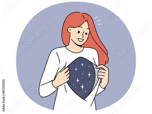 Woman shows depth of soul and inner world with smile, showing stars under shirt. Concept of caring for your own soul and inner harmony achieved through meditation or getting rid of stress
