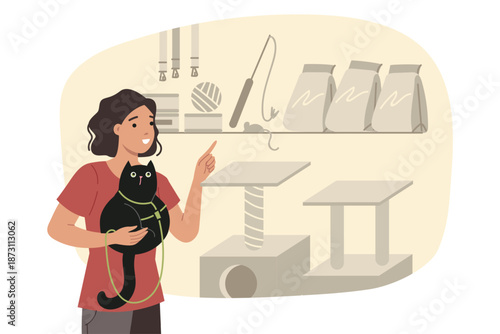 Pet shop is visited by woman holding cat in arms and choosing toy or healthy food. Young girl, guardian of black kitten, walks through pet shop and points finger at mouse for games.