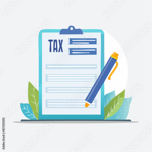 Tax Form Document on Clipboard with Blue Pen and Green Leaves Illustration