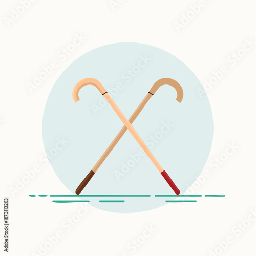 Two Crossed Wooden Walking Sticks with Curved Handles and Colored Tips on a Light Blue Circle with Teal Line Details