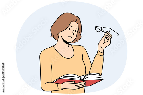 Woman experiences vision problems, reading book and looks at glasses with upset grimace. Girl with myopia or glocoma syndrome cannot see text in textbook and needs surgery to restore vision