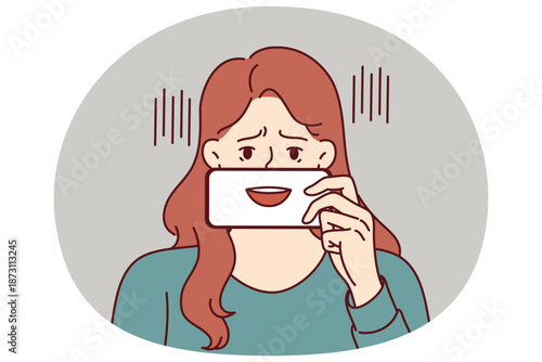 Depressed woman with fake smile hides emotions pretending to be extrovert and happy human. Depressed girl with talking mouth on phone screen symbolizes psychological problems and lack of own opinion.