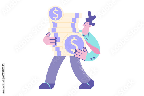 Happy man carry pile of money from successful investment