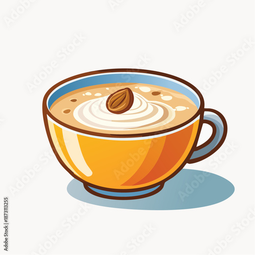 Warm Orange Cup Filled With Creamy Coffee Topped With Whipped Cream And A Nut In A White Background