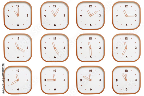 Minimalist grid of twelve square clocks showing 11:00 to 11:55 or 23:00 to 23:55 isolated on white background.