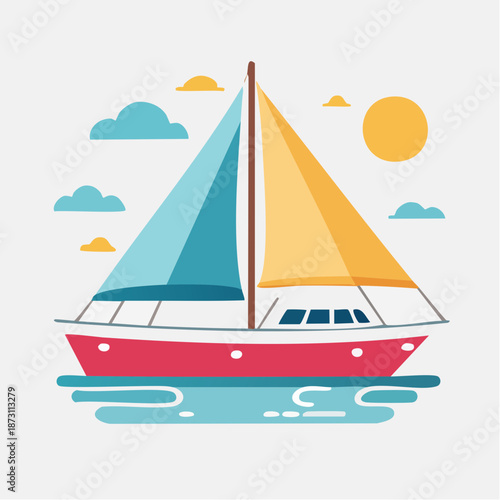 Vibrant Sailboat With Red Hull Blue Teal and Yellow Sails Gliding on Calm Water Under Sunny Sky With Clouds