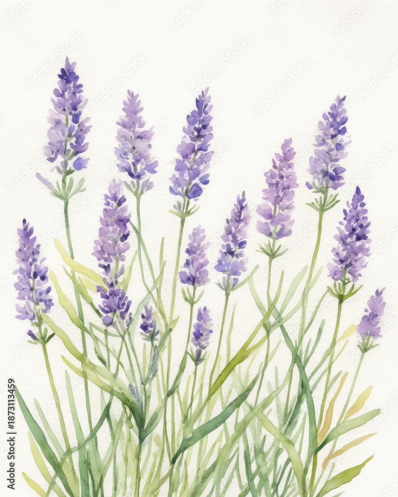 Obraz premium Delicate watercolor painting lavender sprigs in soft purple and green tones evoking a calm serene mood perfect for botanical decor and wellness