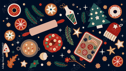 Festive holiday baking scene with cookies and treats