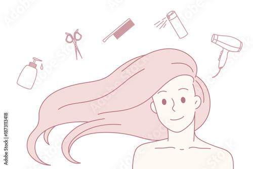 Hair care and beauty concept. Portrait of smiling girl with red hair and care tools dryer scissors mask shampoo above vector illustration