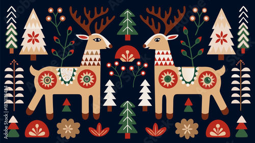 Vibrant Christmas reindeer pattern with trees and flowers