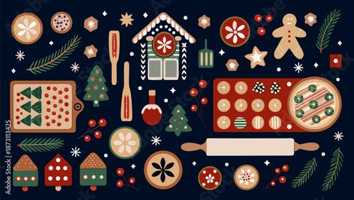 Festive holiday baking scene with cookies and decorations