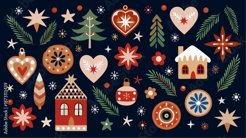 Festive Christmas ornaments and decorations on dark background