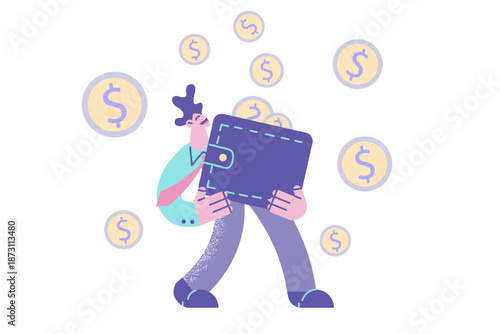 Happy businessman hold wallet full of money