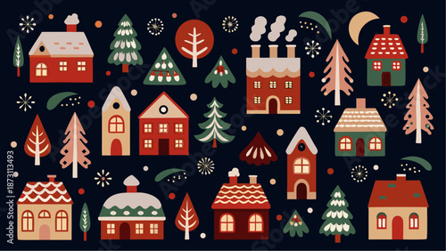 Whimsical winter village scene with colorful houses and trees