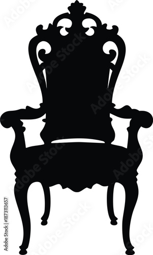 An elegant silhouette depicts a baroque throne chair with ornate detailing