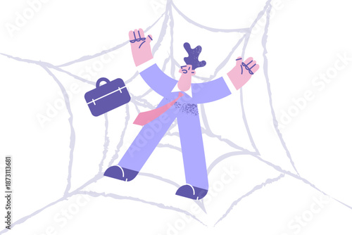 Unhappy businessman trapped in spider web network