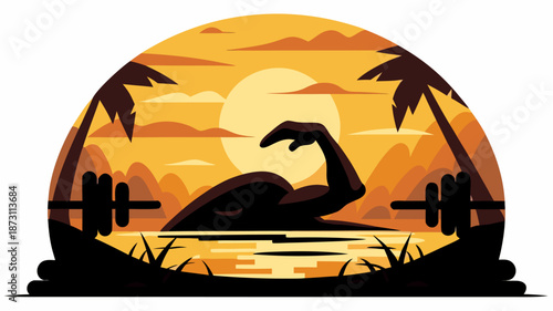 Silhouette of strong man lifting weights at sunset beach