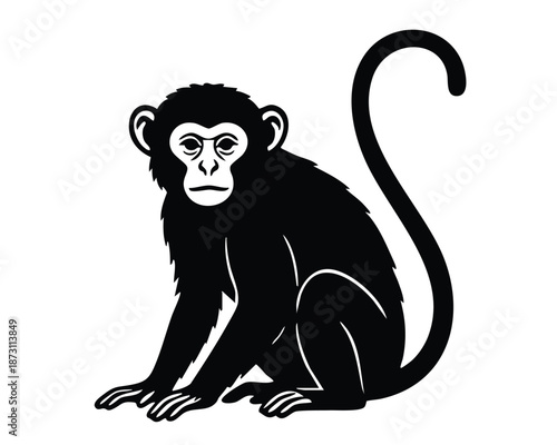 Stylized sitting monkey icon with a long tail for creative graphic designs