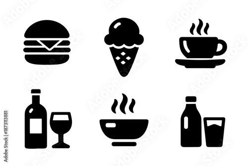 Food and drink lifestyle icon set. Includes burger meal, ice cream dessert, coffee cup, wine glass, soup bowl, milk bottle