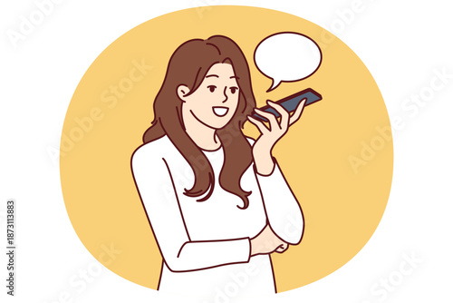 Woman with phone records audio message to send via messenger or social network. Young girl with conversation cloud uses voice messages and speech recognition features in phone using ai technology