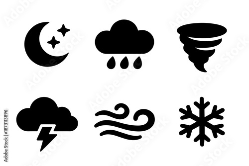 Weather conditions and climate icon set. Includes night moon, rain cloud, tornado storm, thunder cloud, wind flow, snowflake cold