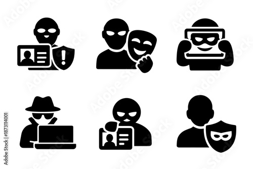 Identity fraud icon collection in black. Set of id warning, anonymous mask, masked theft, spy laptop, id fraud, protected user icons