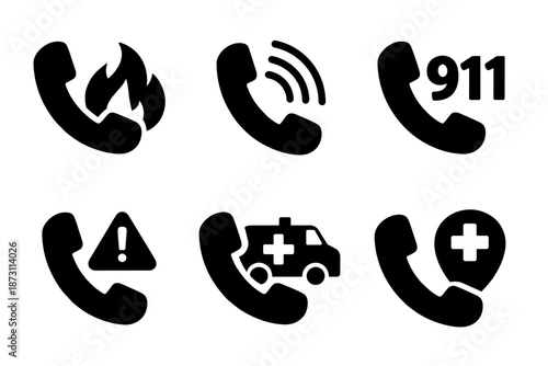Emergency call and rescue service icon collection in black. Set of fire call, phone signal, emergency number, warning call, ambulance support, medical help icons