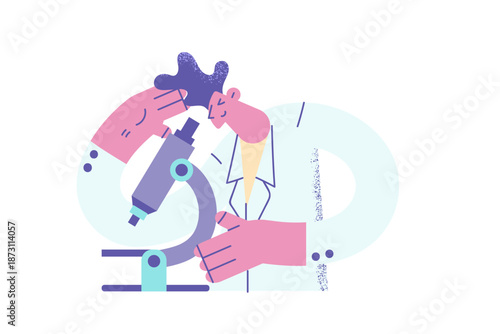 Man scientist look in microscope make experiments