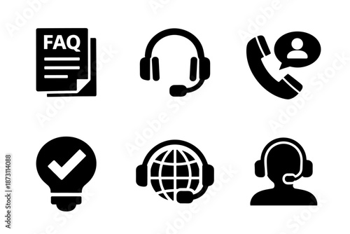Customer support icon collection in black. Set includes faq, headset, phone, idea, globe, user, lock file, eye, shield document, privacy, checklist and block icons