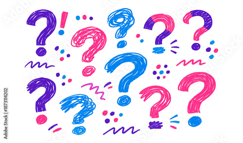 Hand-drawn question marks in vibrant blue, pink, and purple scattered across white background