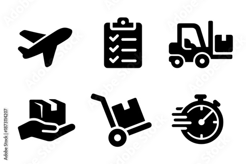 Logistics and delivery icon collection in black. Set of airplane, checklist, forklift, package handling, cart and speed icons