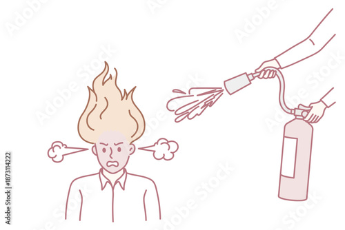 Emotional stress and over work concept. Stressed furious angry man office worker standing with human hand trying to water fire in his head vector illustration