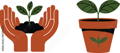 Illustration of hands nurturing a seedling and a small plant growing in a terracotta pot, planting, gardening, growth, seedling, sprout, hands, nurturing, care, pot, terracotta pot, soil, leaves