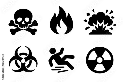 Hazard and emergency warning icon collection in black. Set of poison skull, fire, explosion, biohazard, slip danger, radiation icons