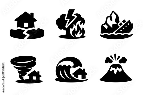 Natural disasters icon collection in black. Set of earthquake, lightning fire, iceberg shipwreck, tornado house, tsunami wave, volcano