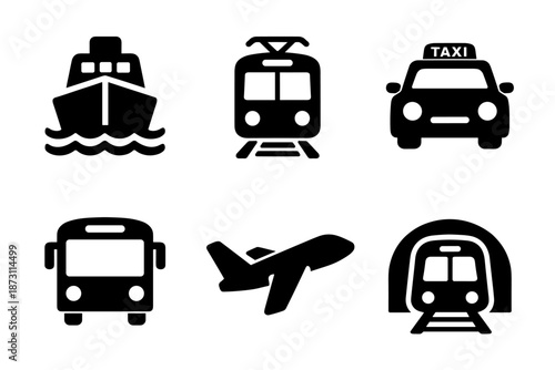 Transport travel icon collection in black. Set of ship, tram, taxi, bus, airplane, subway