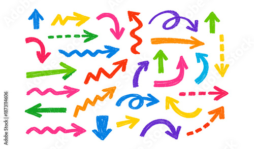 Collection of colorful hand-drawn arrows in various shapes and directions on white background