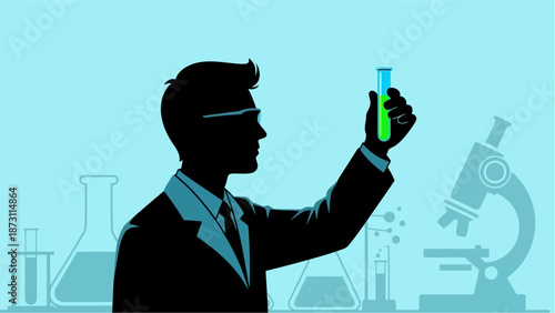 A silhouette of a man in a lab coat holding up a test tube with a green liquid in a laboratory setting with various scientific equipment with scientist