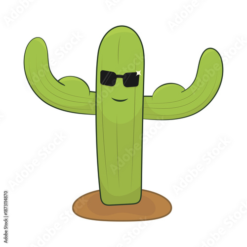 Funny flexing cactus character with sunglasses. Vector green cactus character for fitness brands, summer stickers, gym logos, or fun motivational graphics