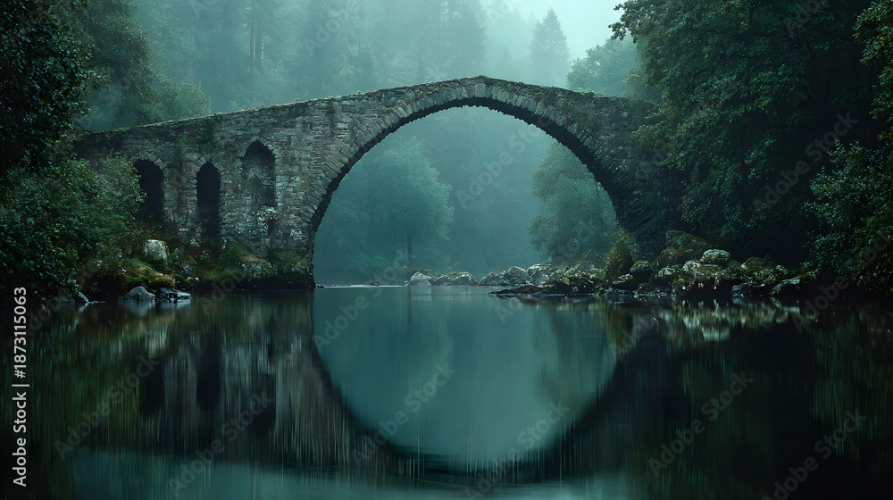 Fototapeta premium Ancient stone arch bridge crossing calm river in heavy fog with moody atmospheric mysterious green tones and serene landscape photography.