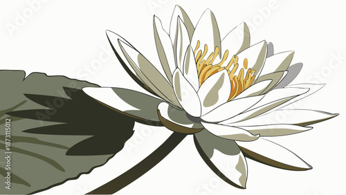 Elegant White Water Lily Illustration with Detailed Petals and Leaf.