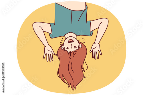 Funny girl upside and waving hands inviting kids friends from elementary school to play together. Concept of children happiness for advertising services for kids pre-teens age and young parents.