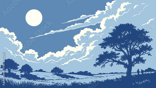 Moonlit Landscape with Trees and Clouds Vector Illustration.