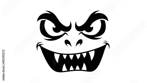 A menacing cartoon monster face with sharp teeth and angry eyes on white background for graphic design use with illustration and scary and fierce