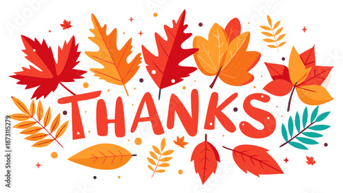 Vector illustration of Autumn 'Thanks' lettering surrounded by vibrant red maple leaves on clean white background