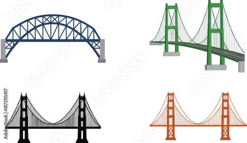 Bridge architecture vector illustration set, suspension arch bridge designs, transportation infrastructure engineering landmark symbols collection