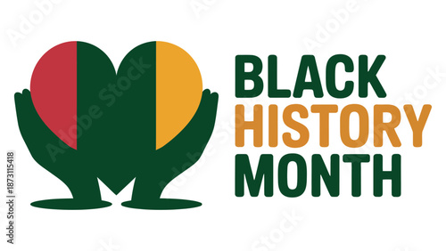 Black History Month illustration with abstract heart and leaf shapes in panafrican colors celebrating heritage, unity, equality and culture